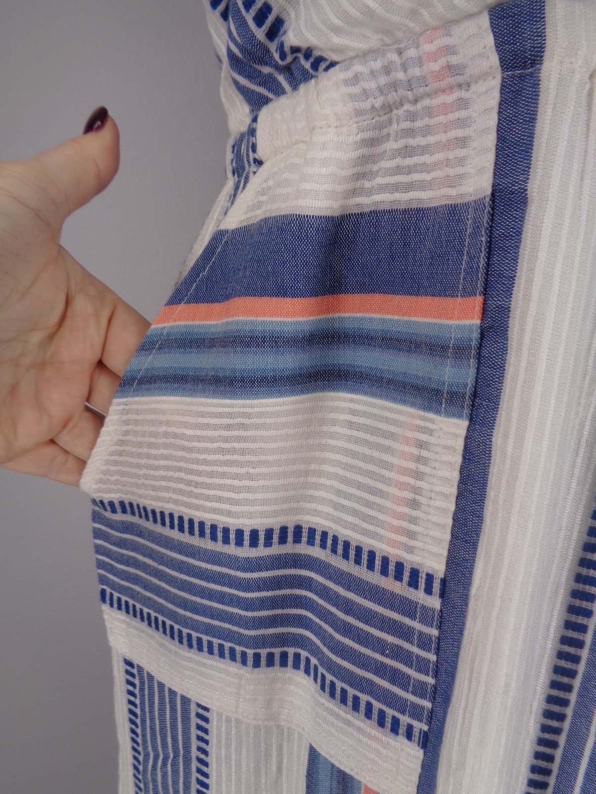 THML Stripe Pom Pom Tie Neck Dress Size Small White Blue Coral