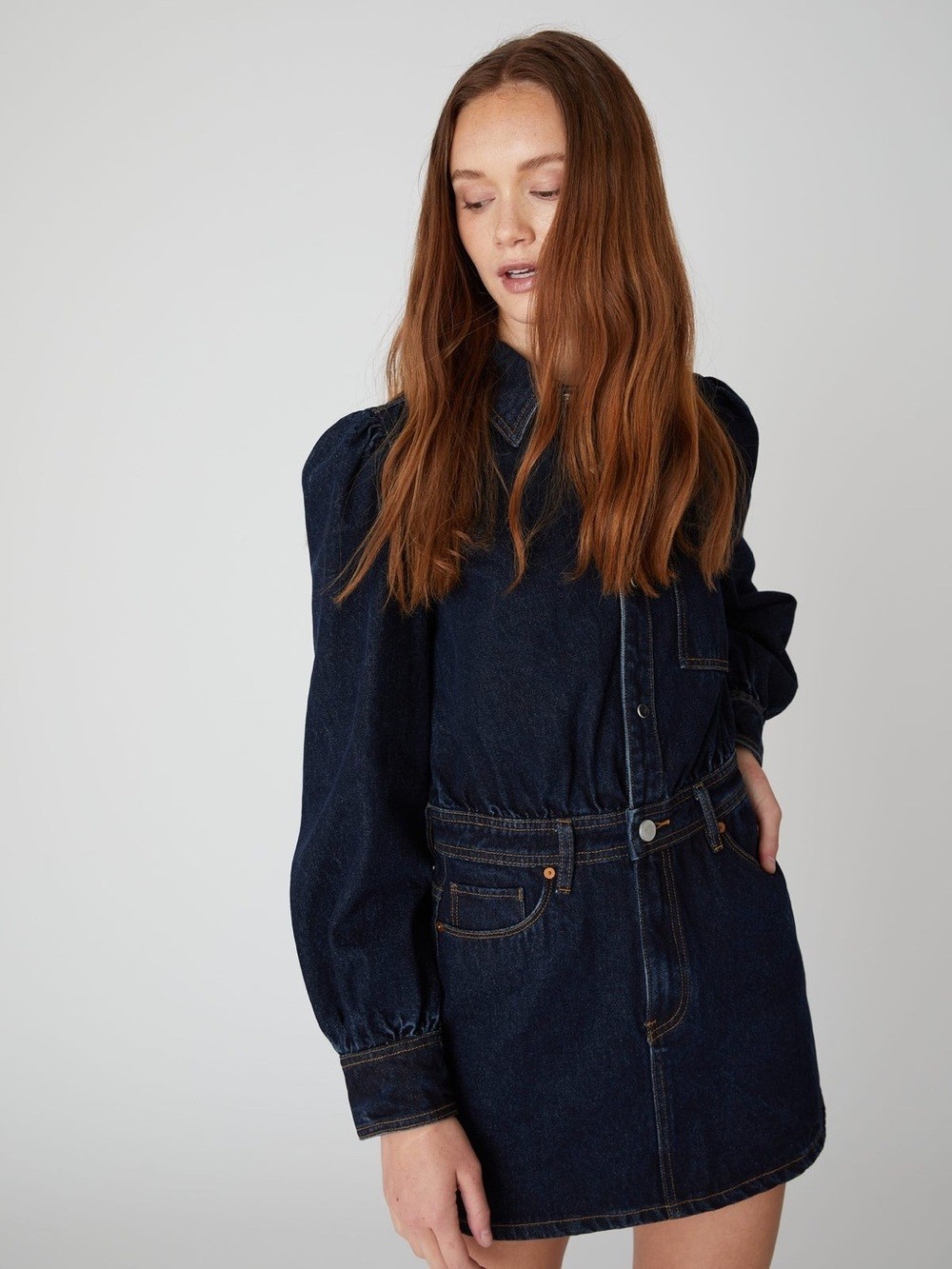BlankNYC Deep Down Dress in Dark Indigo Wash With Long Puff Sleeves Size Medium