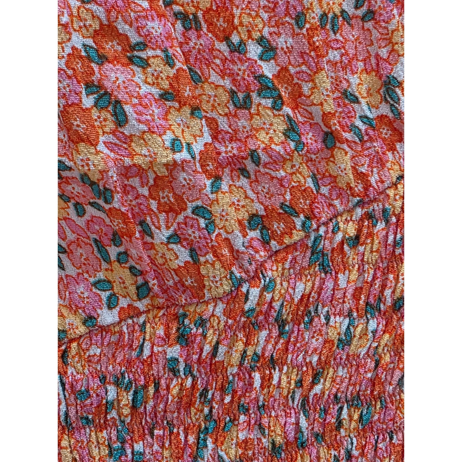 Faithfull the Brand Floral Smocked Mini Dress Orange Pink V-Neck Puff Sleeve XS
