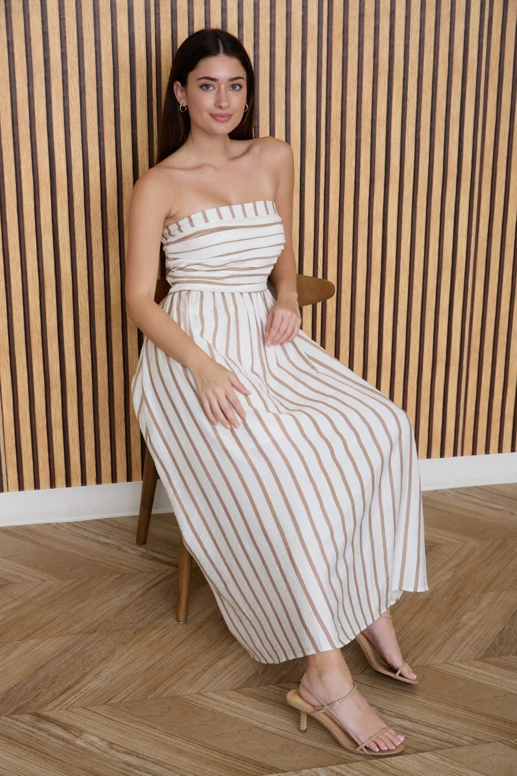 Brown Ivory Stripe Linen Blend Strapless Midi Dress Smocked Back A Line NWT