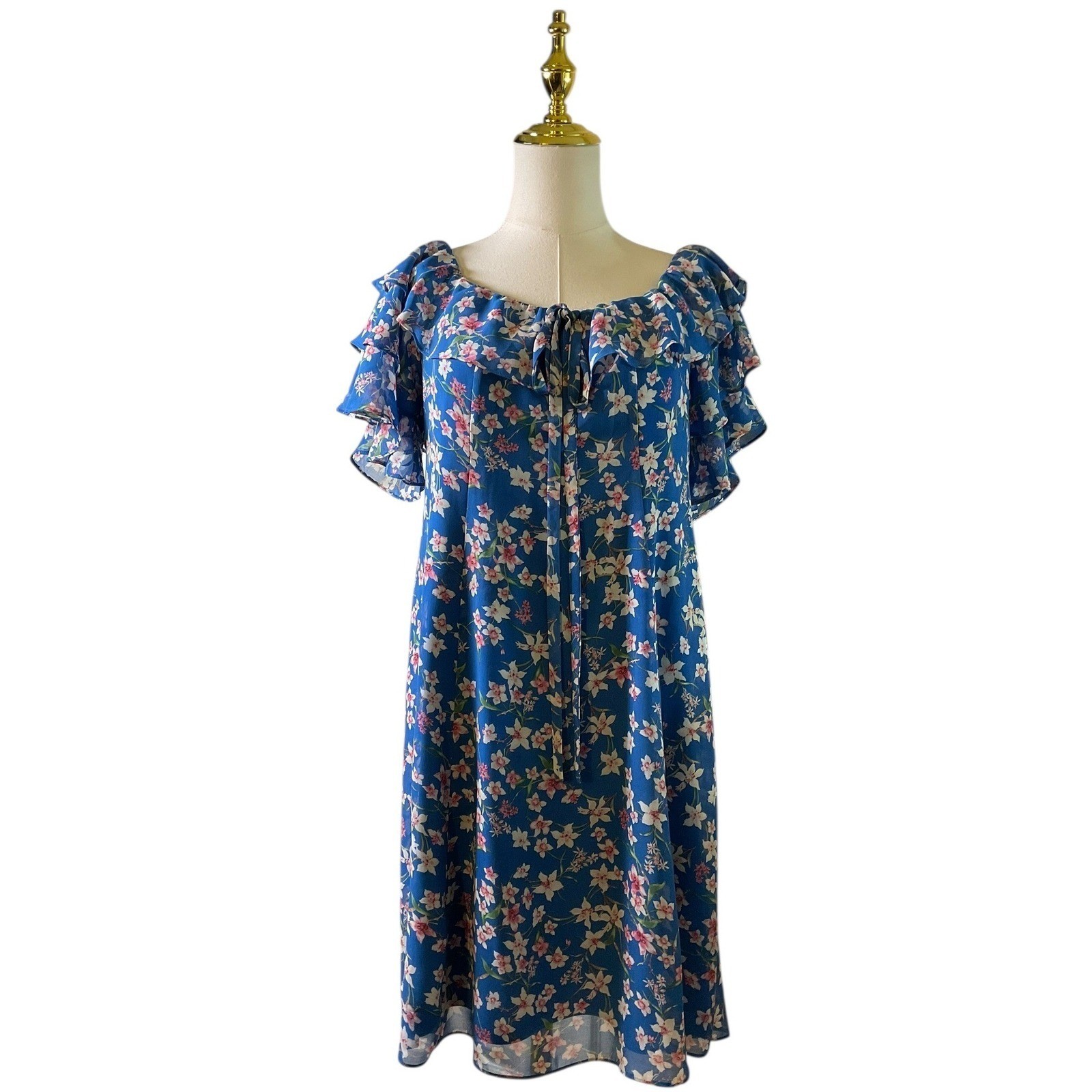 Roz & Ali Blue Floral Ruffle Sleeve Tie Neck Shift Dress Womens Size 8
