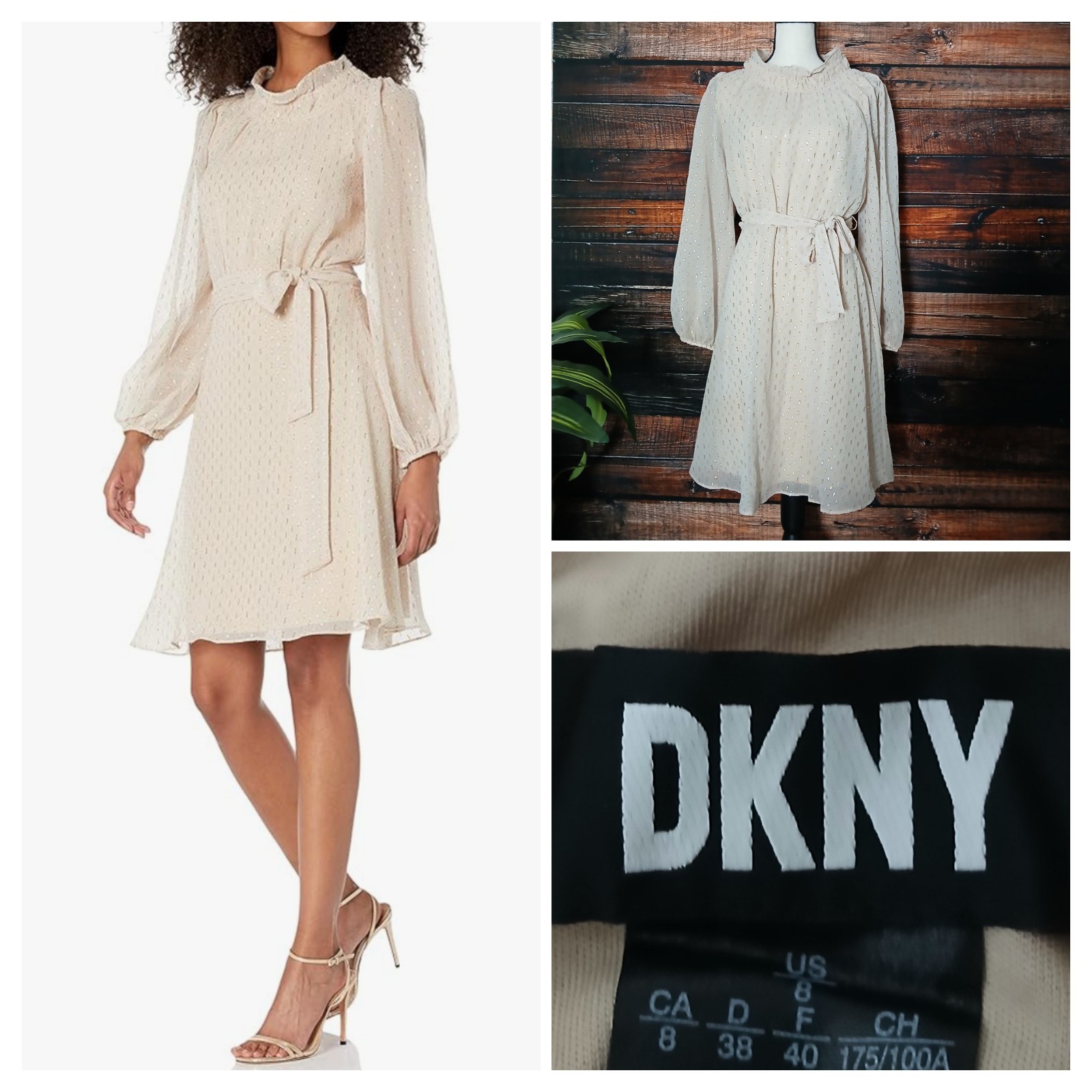 DKNY Dress Size 8 Belted Cream Sheer Chiffon Metallic Embroidered