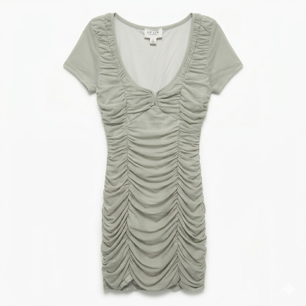 Le Lis Light Gray Ruched Mini Dress Small Mesh Sleeve Neo Nostalgia Coquette