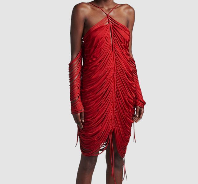 $4800 Bottega Veneta Women’s Red Shiny Viscose Fringe Knit Mini Dress Size S