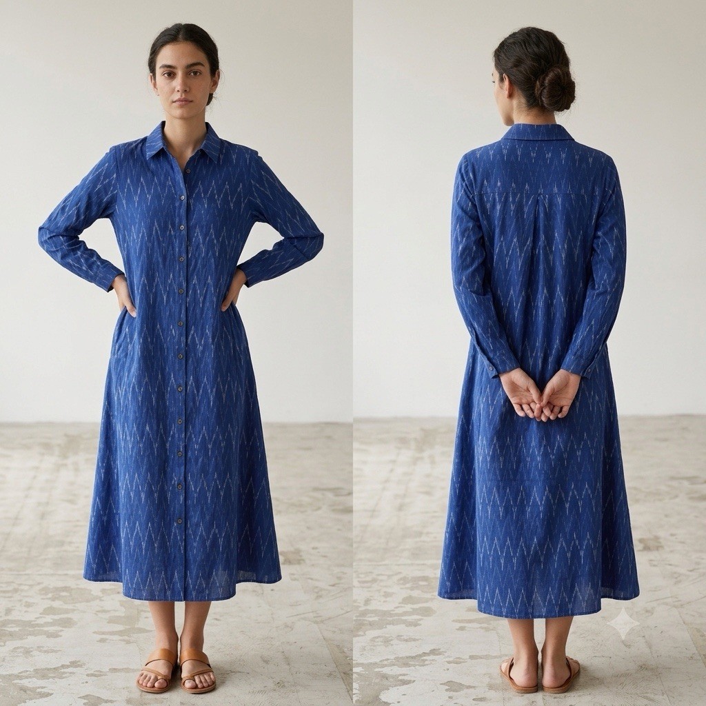 J jill Pure Jill Size-XS/P Women’s Shirt Dress Cotton Blue Ikat Long Sleeve