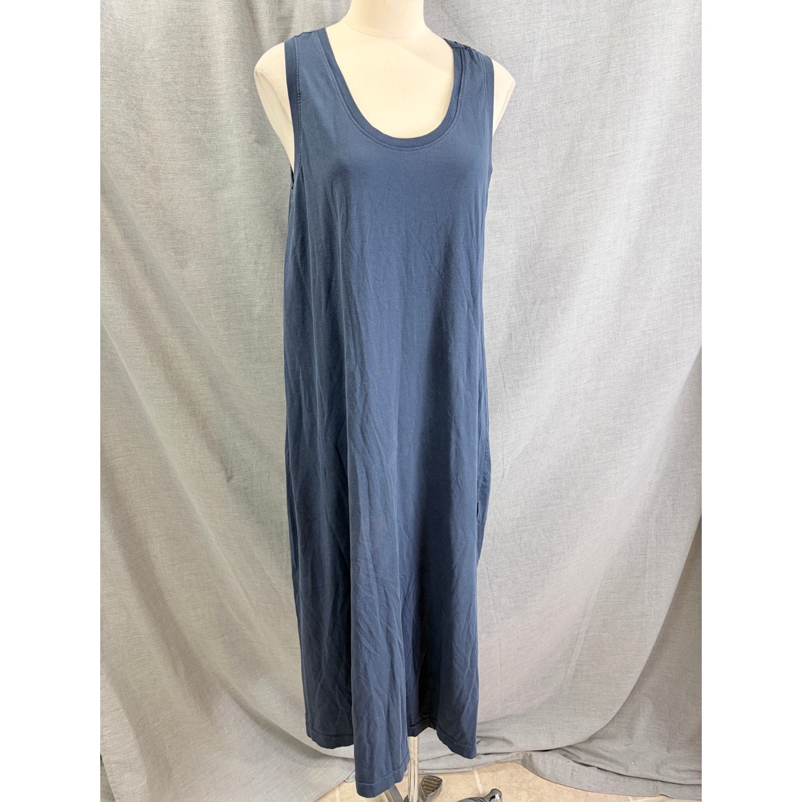 Pact Organic Cotton Midi Tank Dress Blue Sleeveless Scoop Neck Side Slit Large