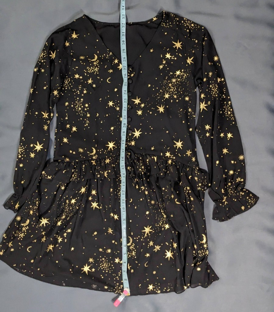 Black V-Neck Celestial Dress Gold Foil Constellation Print Small