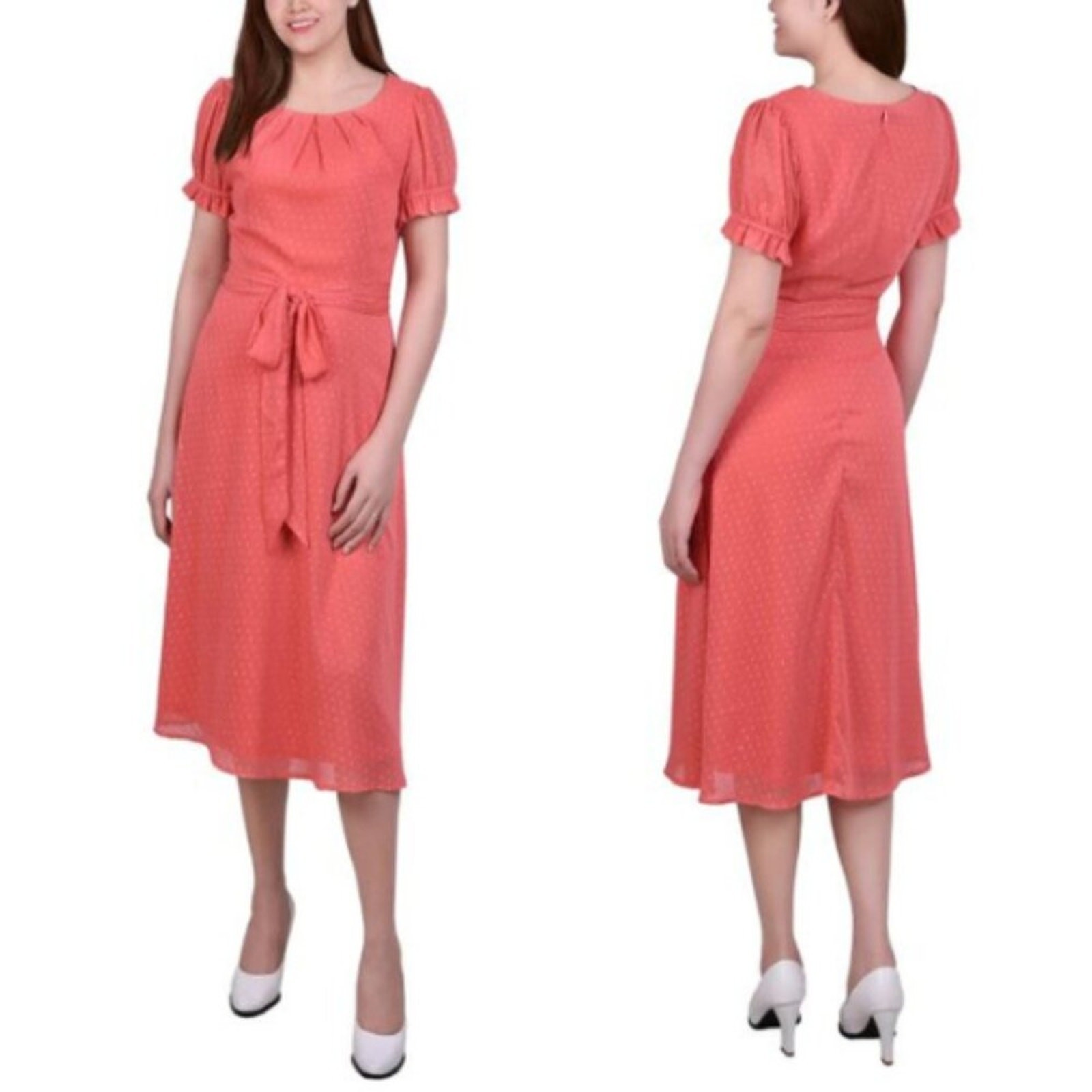 NY Collection Short Sleeve Belted Swiss Dot Dress Spiced Coral Rectangle M NWT
