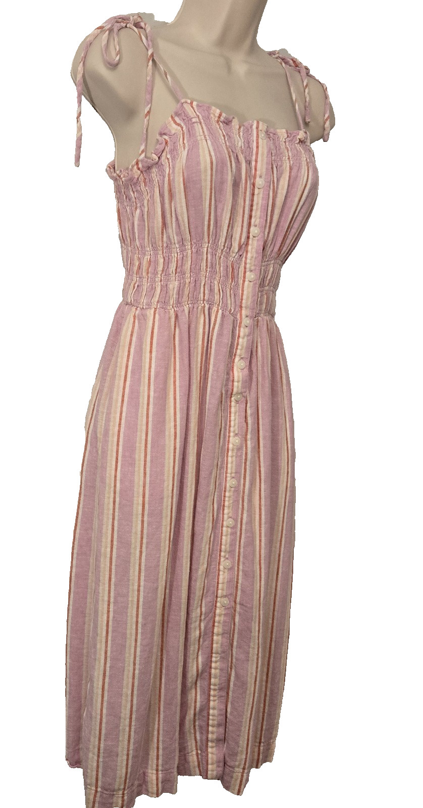 Pink Striped Smocked Linen Blend Midi Dress Tie Shoulder Button Summer Beach S