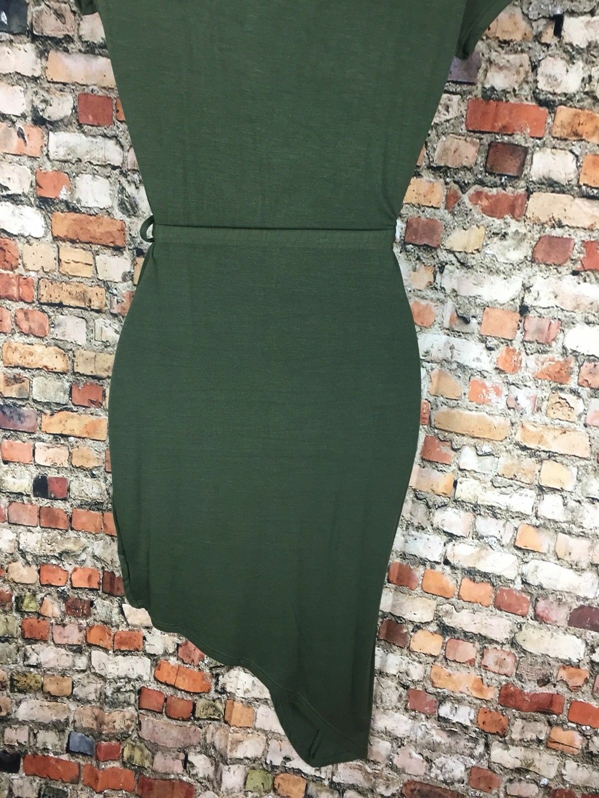 Poetry Asymmetrical Mini Wrap Dress Olive Green Stretch Soft V Neck Vintage New