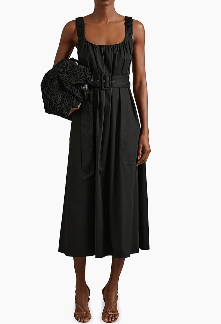 Reiss Black Liza Cotton Ruched Strap Belted Midi Dress UK 8 US 4