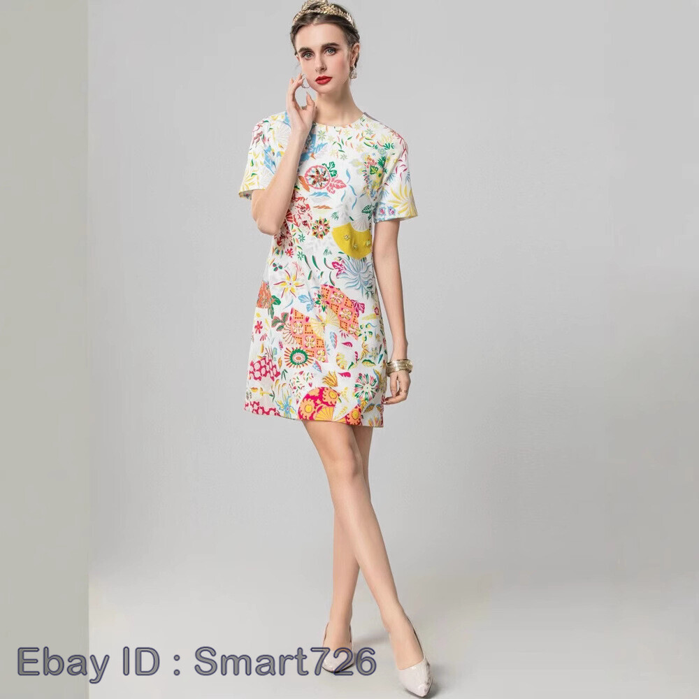 Occident Runway New Beaded Women’s Loose Short Sleeve Printed Midi Dress A-line