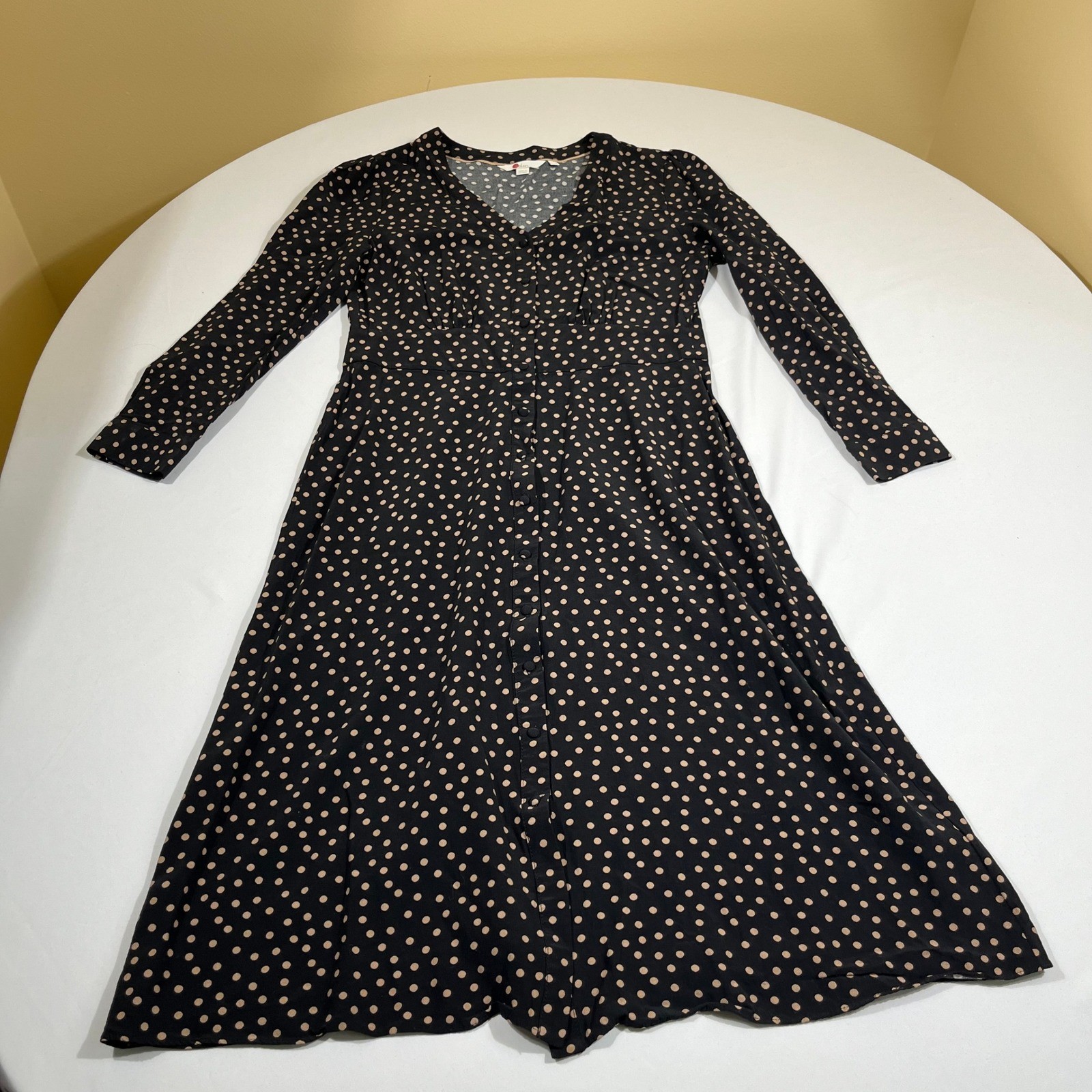 Boden Midi Dress Womens 8R Black Tan Polka Dot Button Front Long Sleeve Viscose