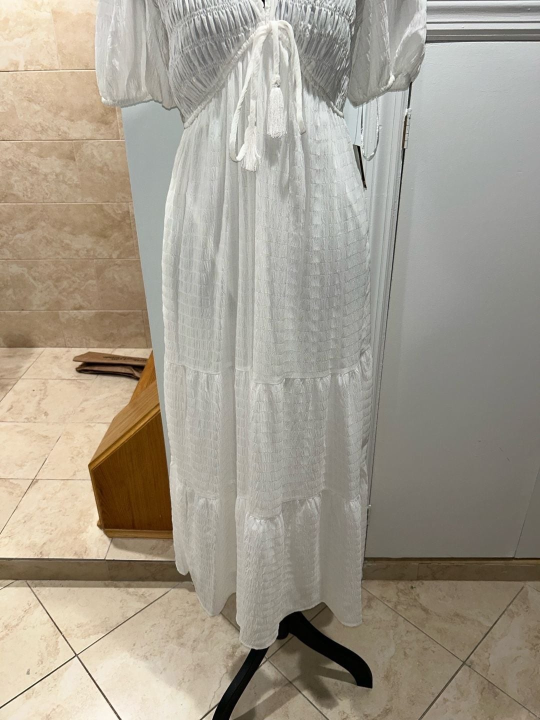 Taylor white textured puff sleeve tiered maxi dress with tassel tie