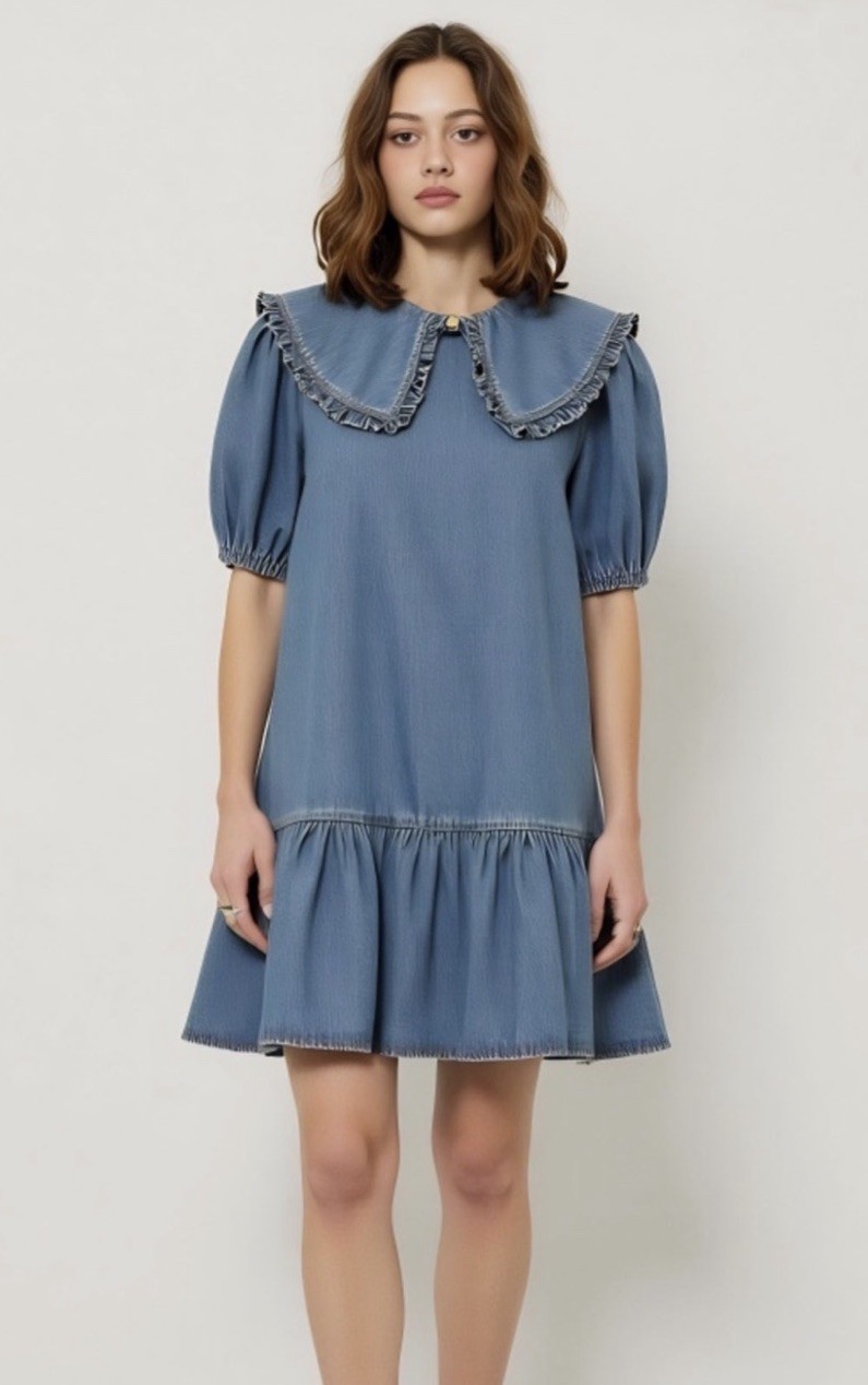 Modenaire Blue Cotton Denim Collared Ruffle Puff Sleeve Mini Dress Size M