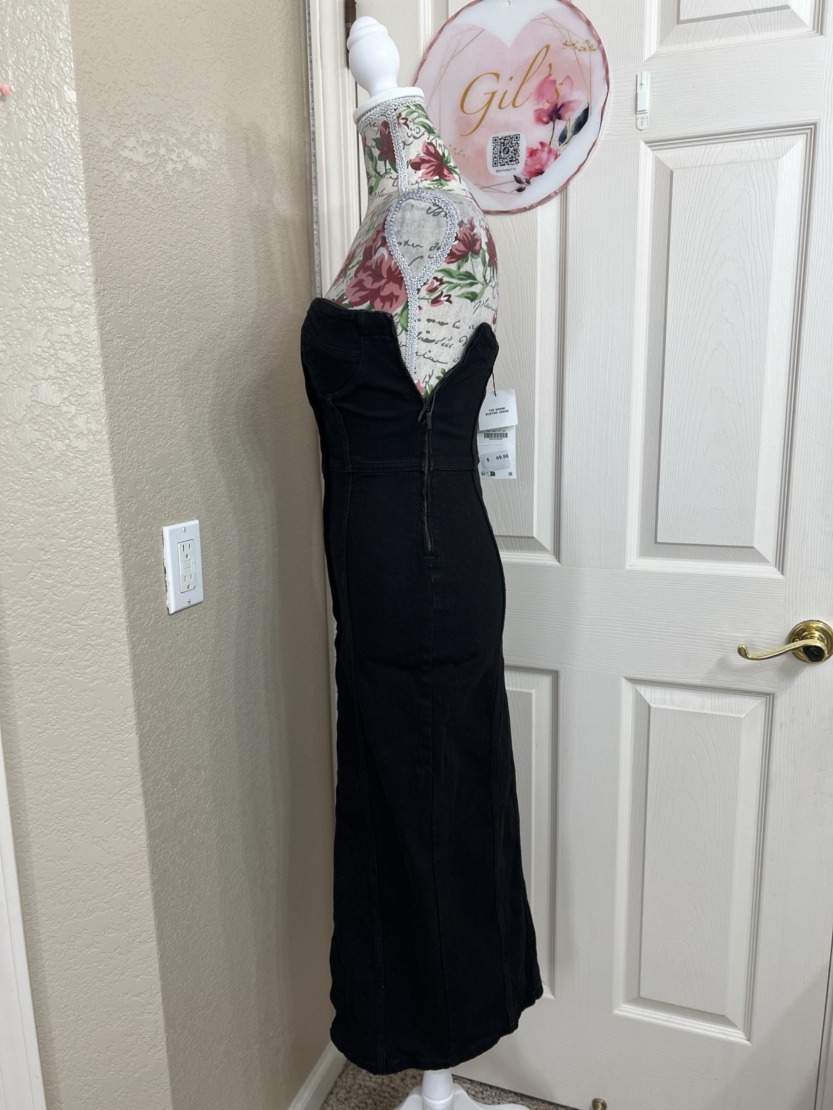Zara Black Denim Strapless Button-Front Midi Dress with Slit Size S NWT