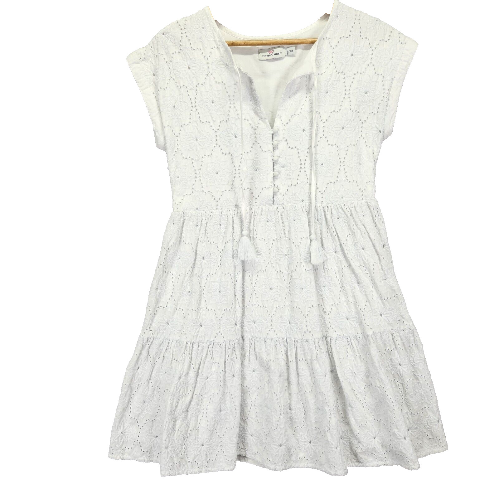 Vineyard Vines White Cotton Eyelet Dress Tiered Boho Resort Women XXS Flattering