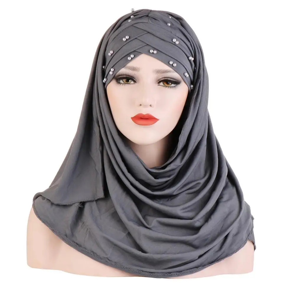 2019 Muslim Cotton Scarf Plain Hijabs With Bead Shawls And Wraps Femme Musulman