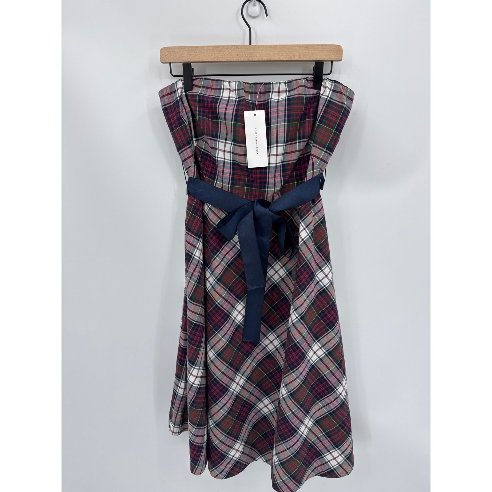 Tommy Hilfiger Strapless Plaid A Line Dress Navy Bow Detail Size 8 Nwt