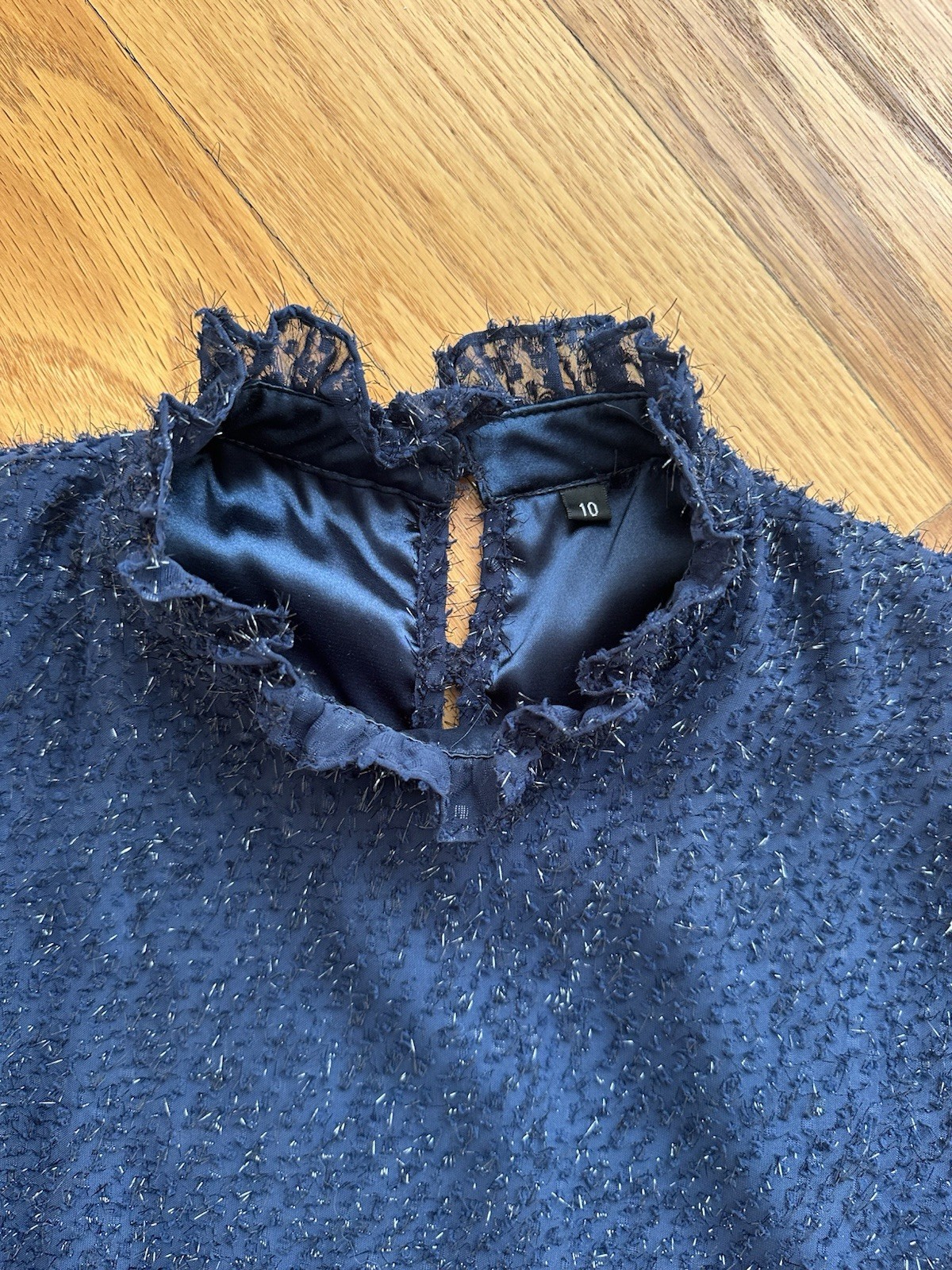 Asymmetrical Tinsel Ruffle Stand Collar Dress Navy Size 10