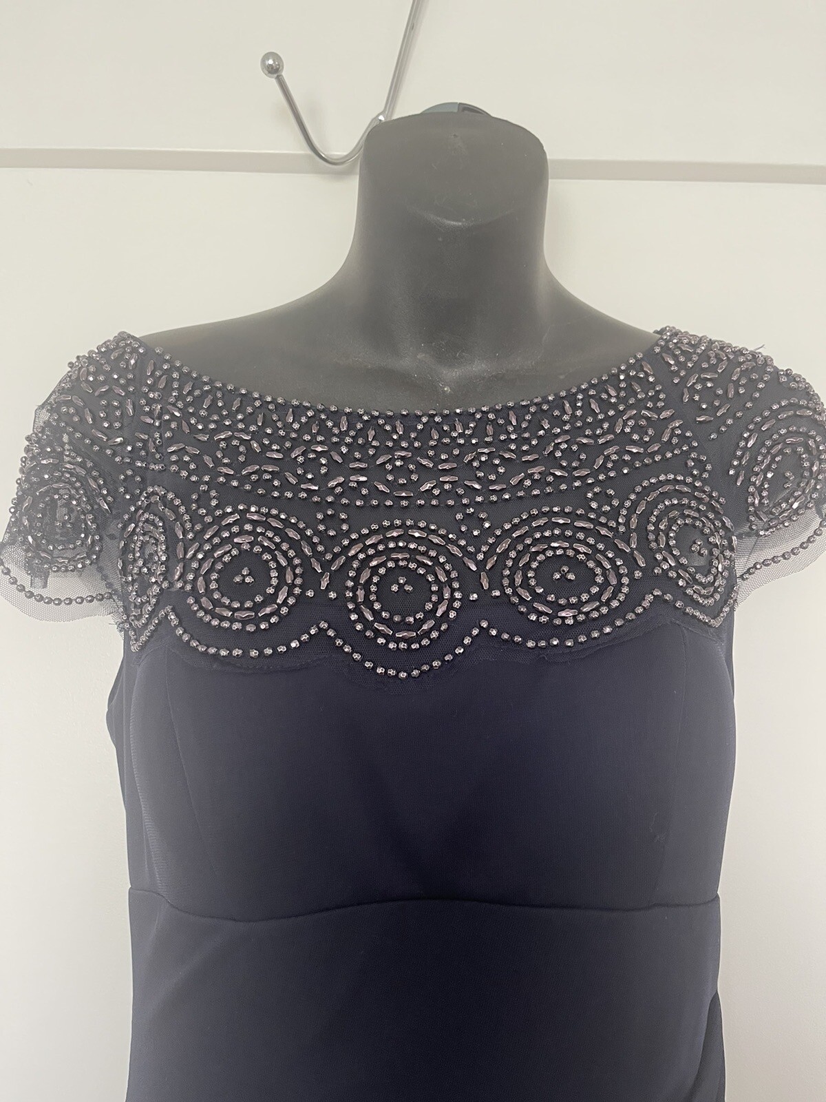 xscape Beaded Yoke, Cap Sleeve, Round Neck, Ruched Cascade Ruffle Side Gown