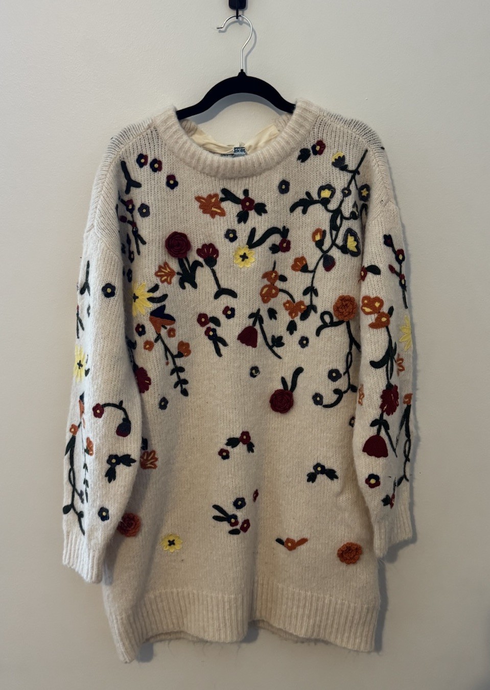 Anthropologie Embroidered Floral Sweater Dress XS Cream Tie Back V Neck Boho
