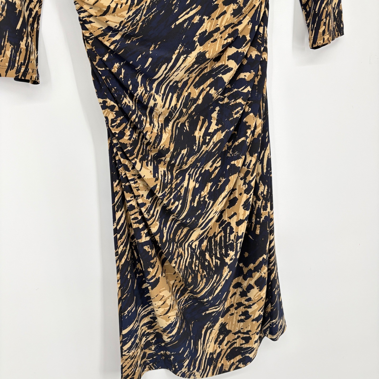 American Living Navy Blue Gold Abstract Print Ruched Faux Wrap Sheath Dress 10
