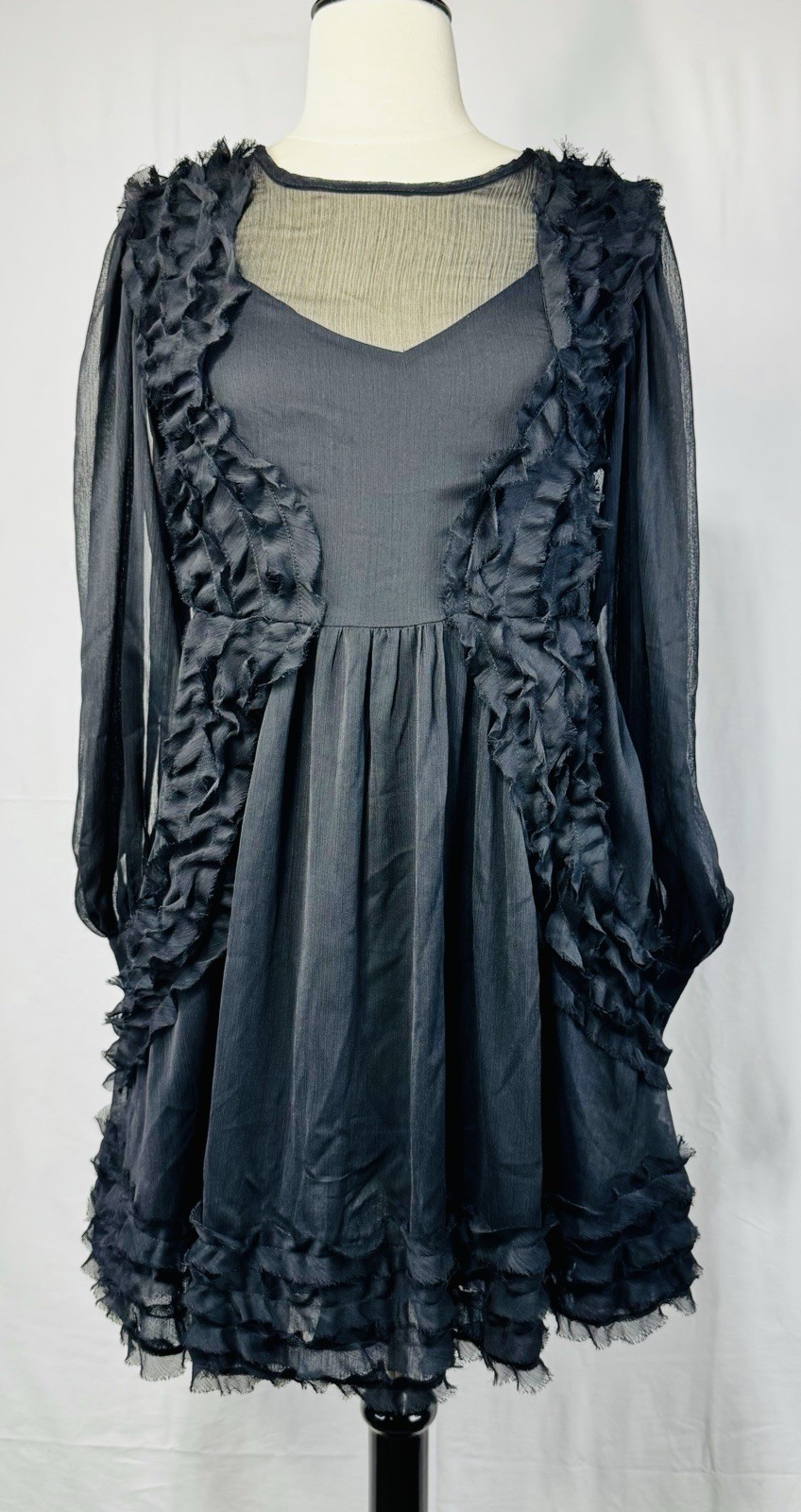 O.P.T. Black Chiffon Ruffle Mini Dress Sheer Long Sleeve Size M Goth Cottagecore