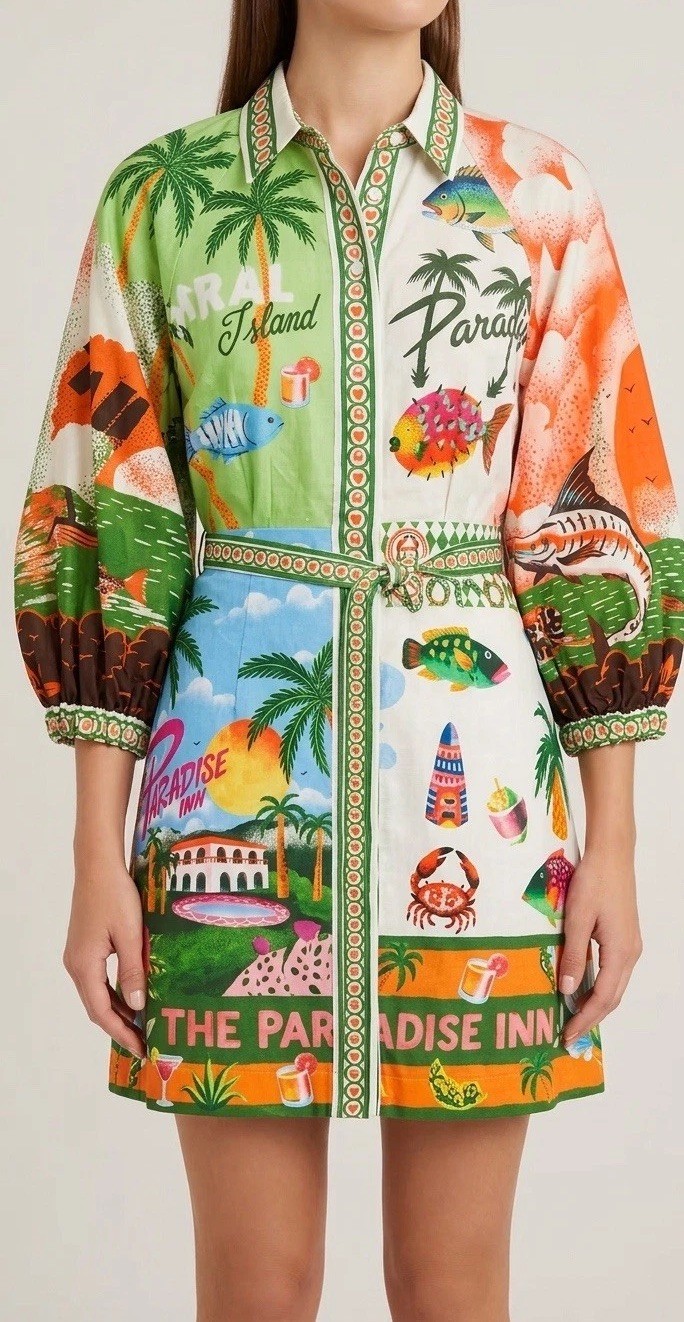 Tropical Patchwork Mini Dress XL Resort Print Designer Inspired Puff Sleeve