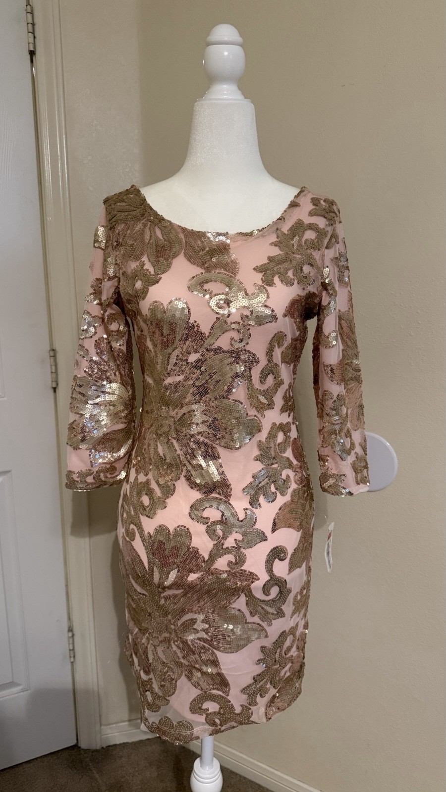 Midnight Doll Pink/Gold Sequin Mesh V-Neck 3/4 Sleeve Bodycon Short Dress Size S