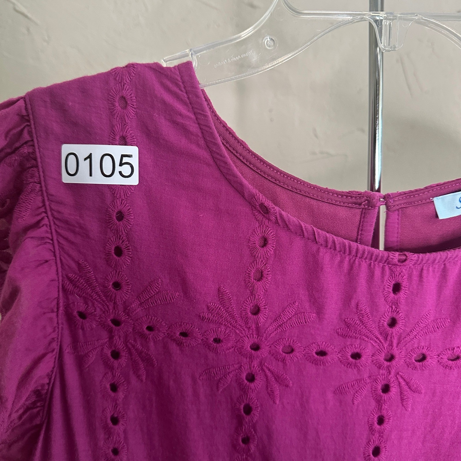 She + Sky Magenta Purple Eyelet Tiered Mini Dress Flutter Sleeve Small