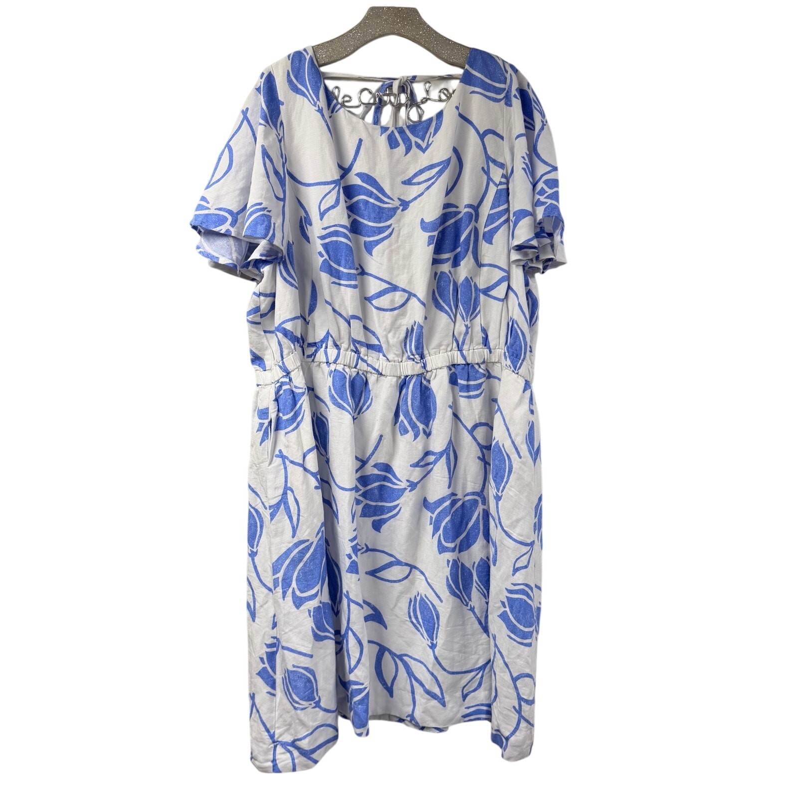Lane Bryant Floral Dress 22 Ruffle Sleeve Tie Back Blue White Linen Blend
