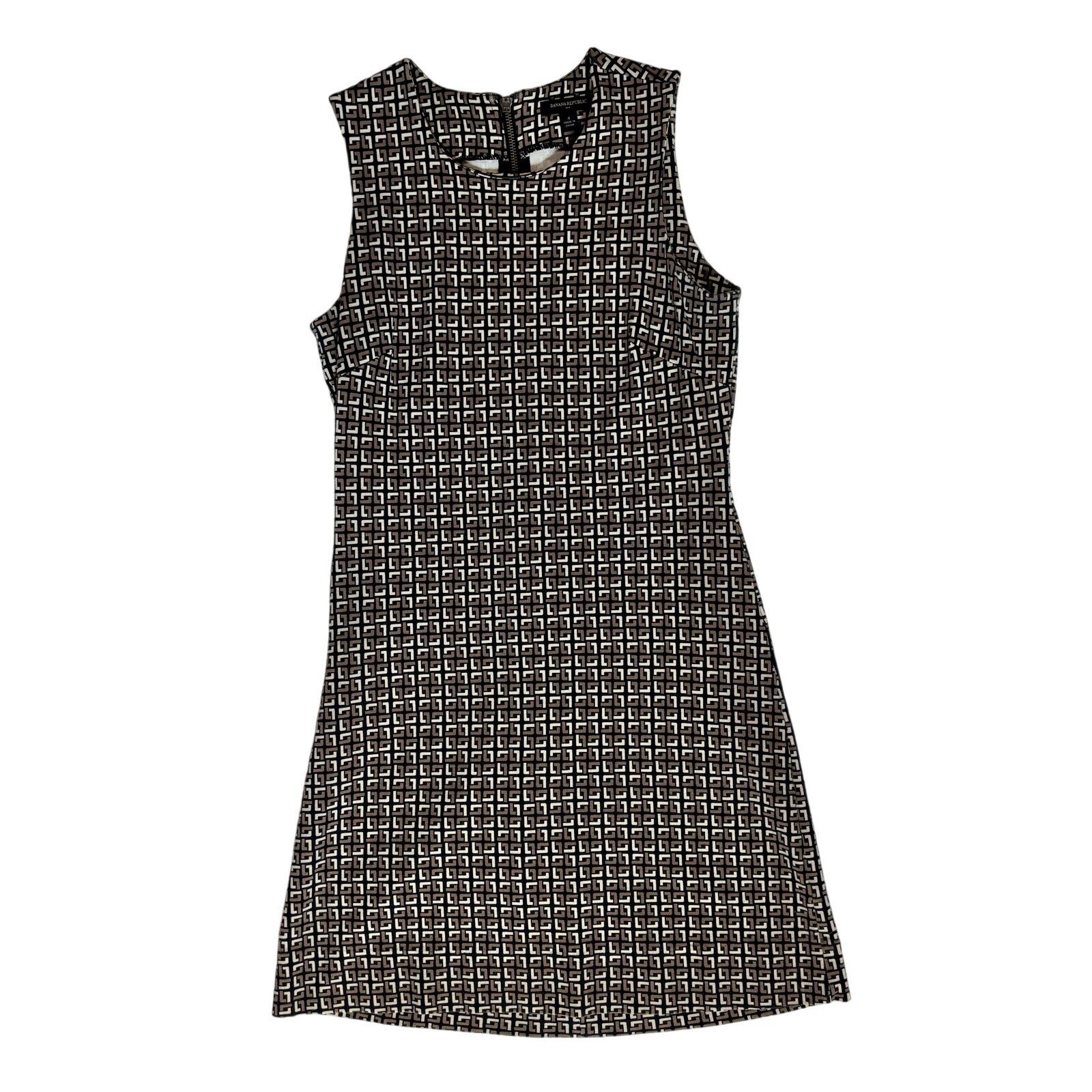 Banana Republic Mini Dress 4 Black Brown White Geo Print Bodycon Sleeveless Work