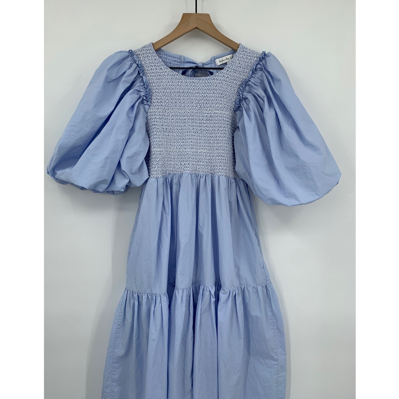 Sofie the Label Dress Womens Large Blue Smocked Puff Sleeve Tiered Back Tie Maxi