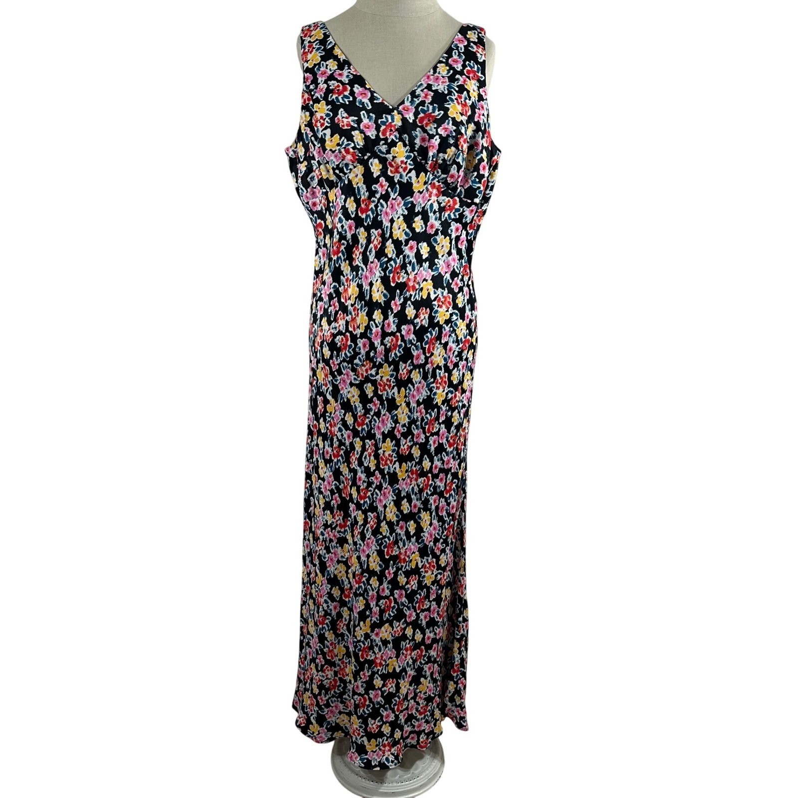 LOFT Womens Floral Ikat Maxi Dress Black Multi Color V-Neck Sleeveless Size 12