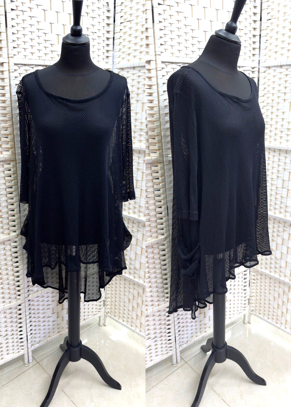 ALAMBIKA ASYMMETRICAL LONG BLACK MESH TOP SIZE – 6 – MADE IN ISRAEL.