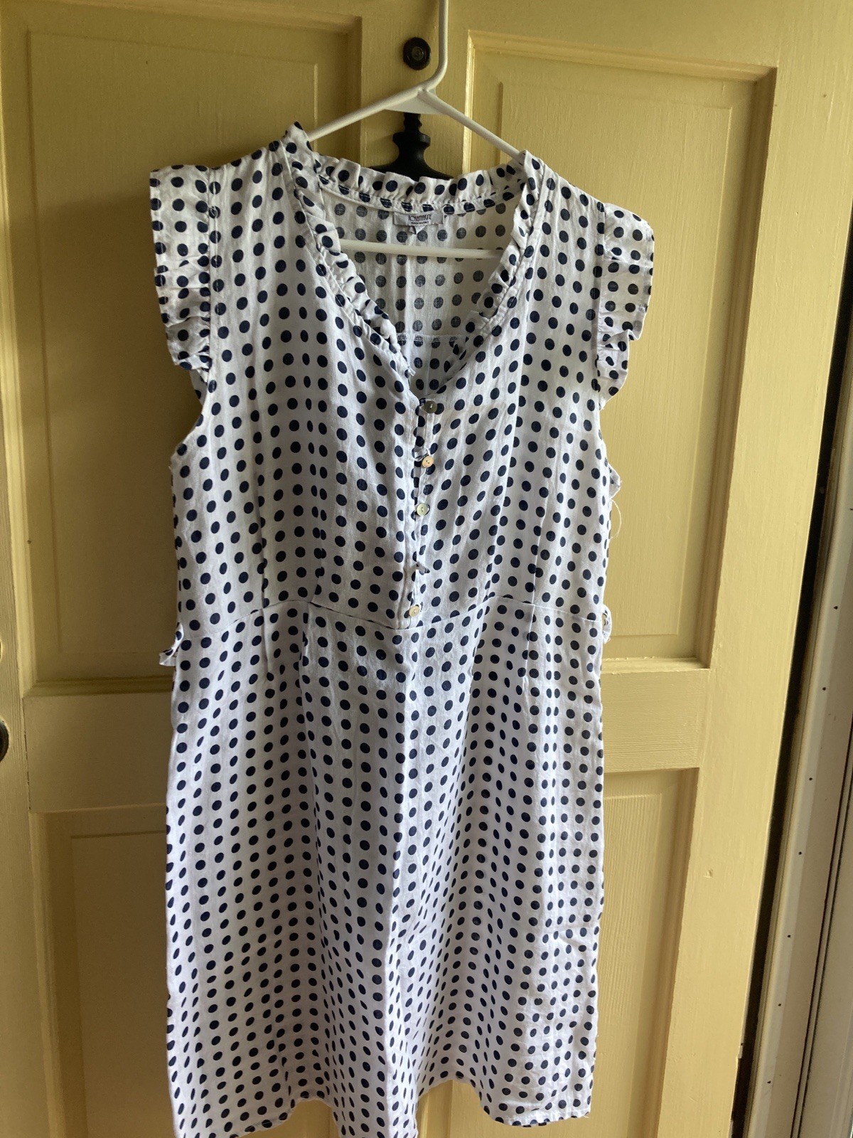 ROSEMARINE Italy Linen Dress L White w/Blue Polka Dots Sleeveless Ruffle at Neck