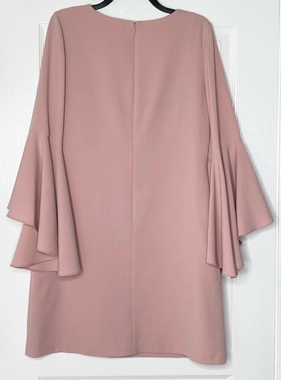 ELIZA J Pink Blush Ruffle V-Neck 3/4 Bell Sleeve Crepe Shift Sheath Dress 10 US