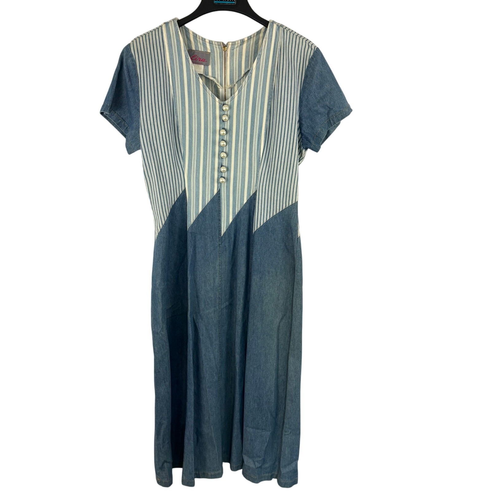 Lira Vintage Denim Midi Dress Size Large Faux Pearl Buttons Made in USA