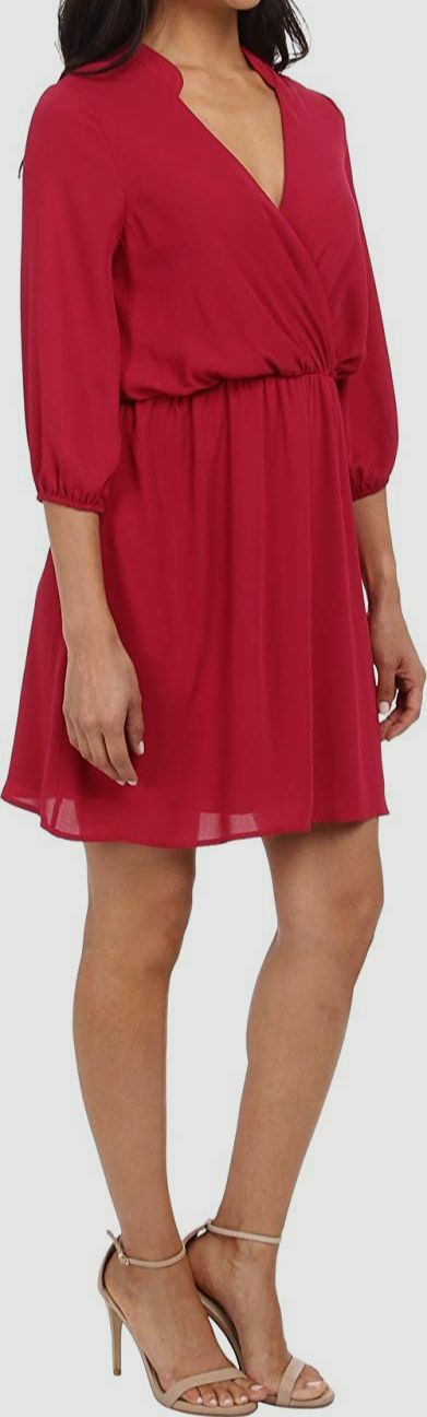 $386 Brigitte Bailey Women’s Red 3/4-Sleeve V-Neck Ruffle Shift Dress Size L