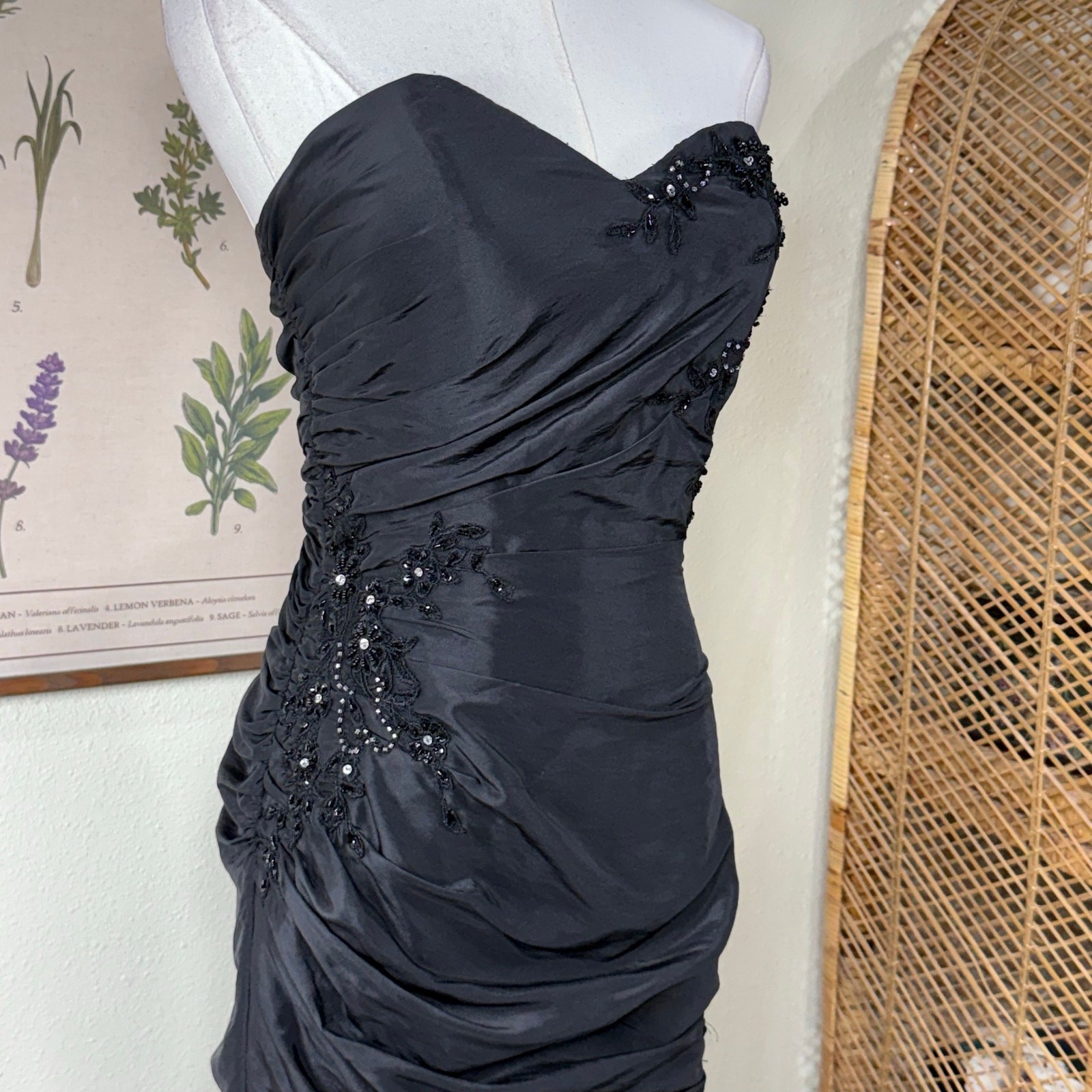 90s Y2k Beaded Floral Corset Back Ruched Formal Dress Romanitc Goth Sexy Glam XS