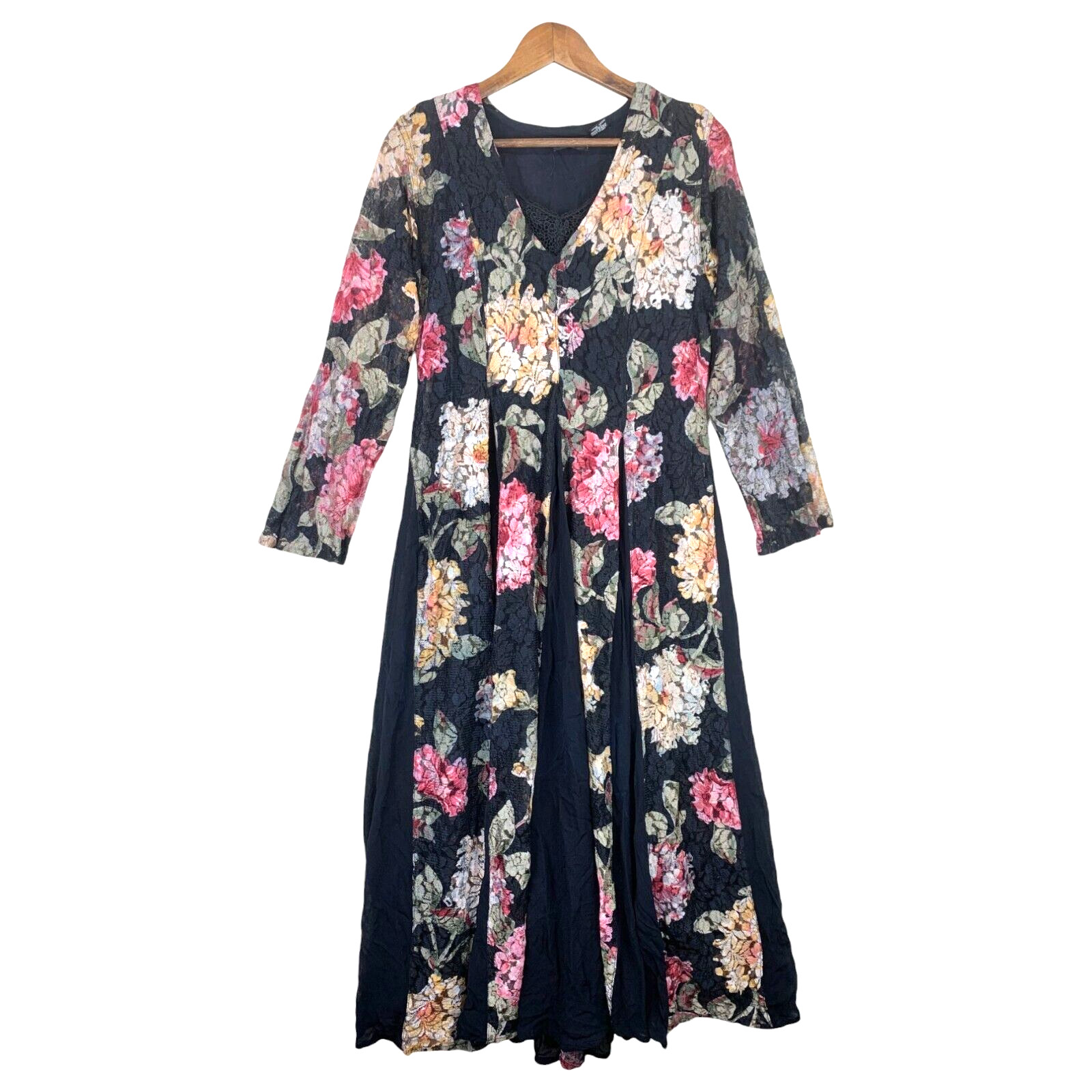 Nostalgia 90s Floral Lace Long Sleeve Maxi Dress Women M Whimsygoth Dark Cottage