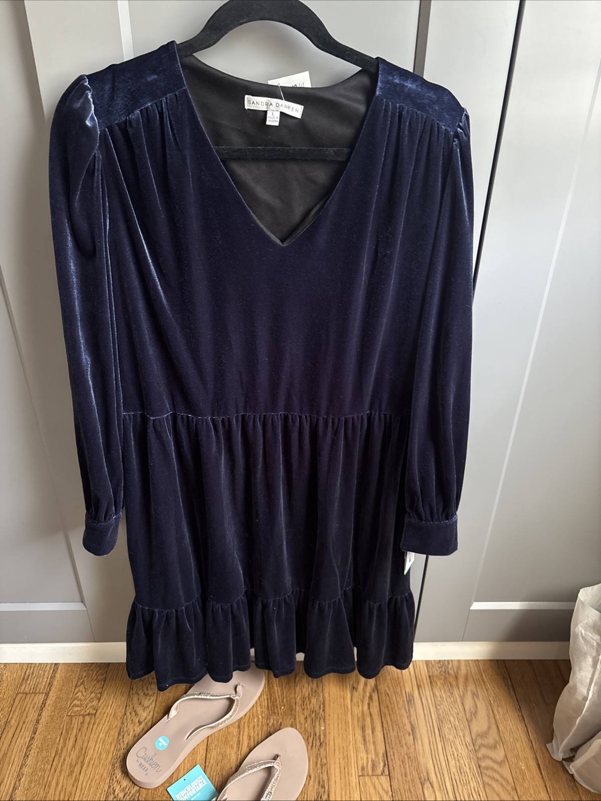 Sandra Darren Dress Dark Blue Navy Velvet Tiered A Line Swing Peasant Boho XL