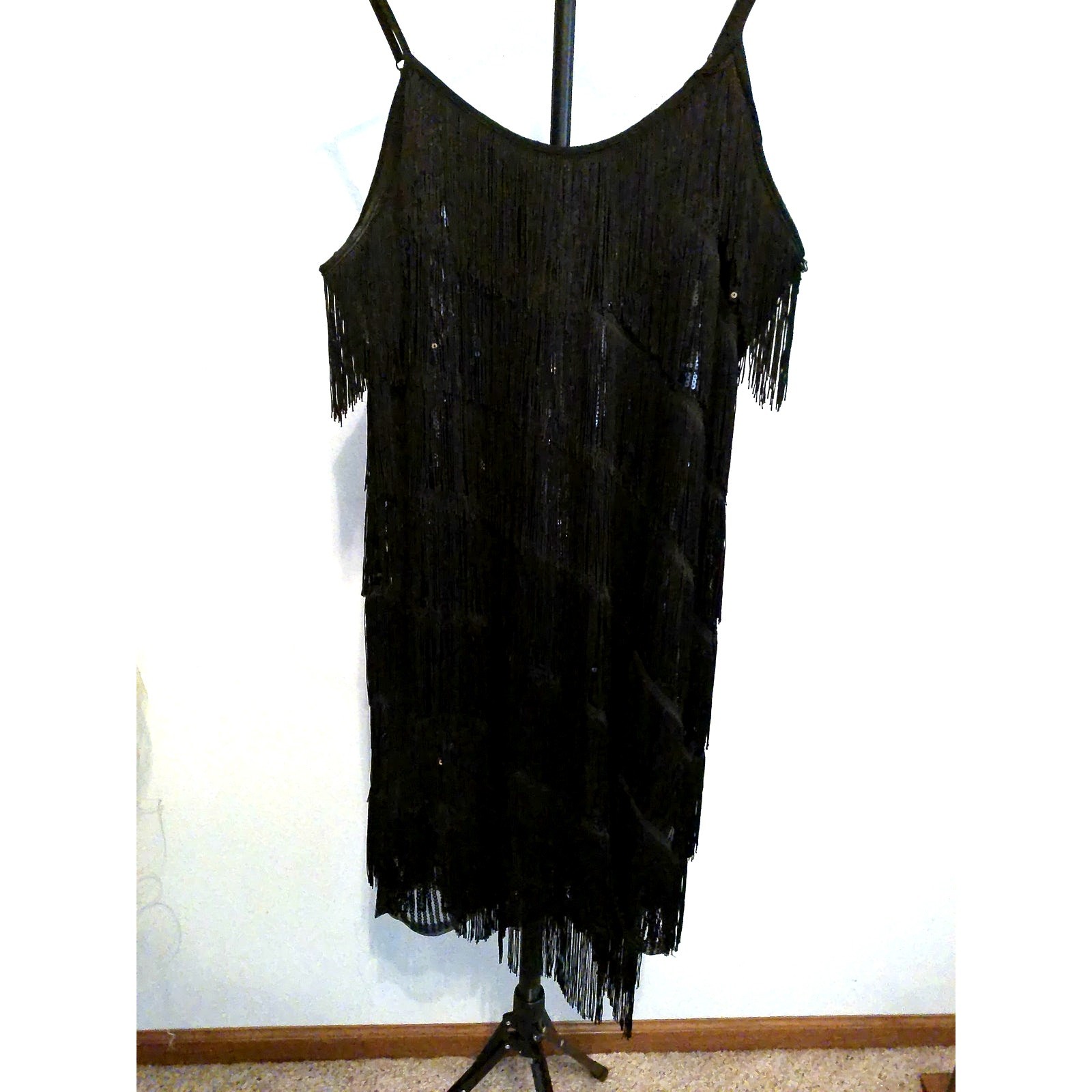 Vintage 1920s Style Black Tiered Fringe Flapper Dress Spaghetti Strap Cocktail
