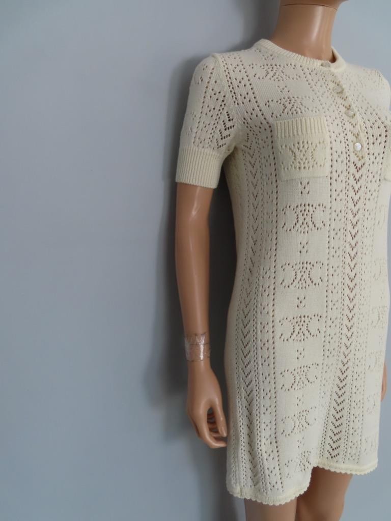 CELINE Ecru Cotton Open Pointelle/Triomphe Knit Dress Size S