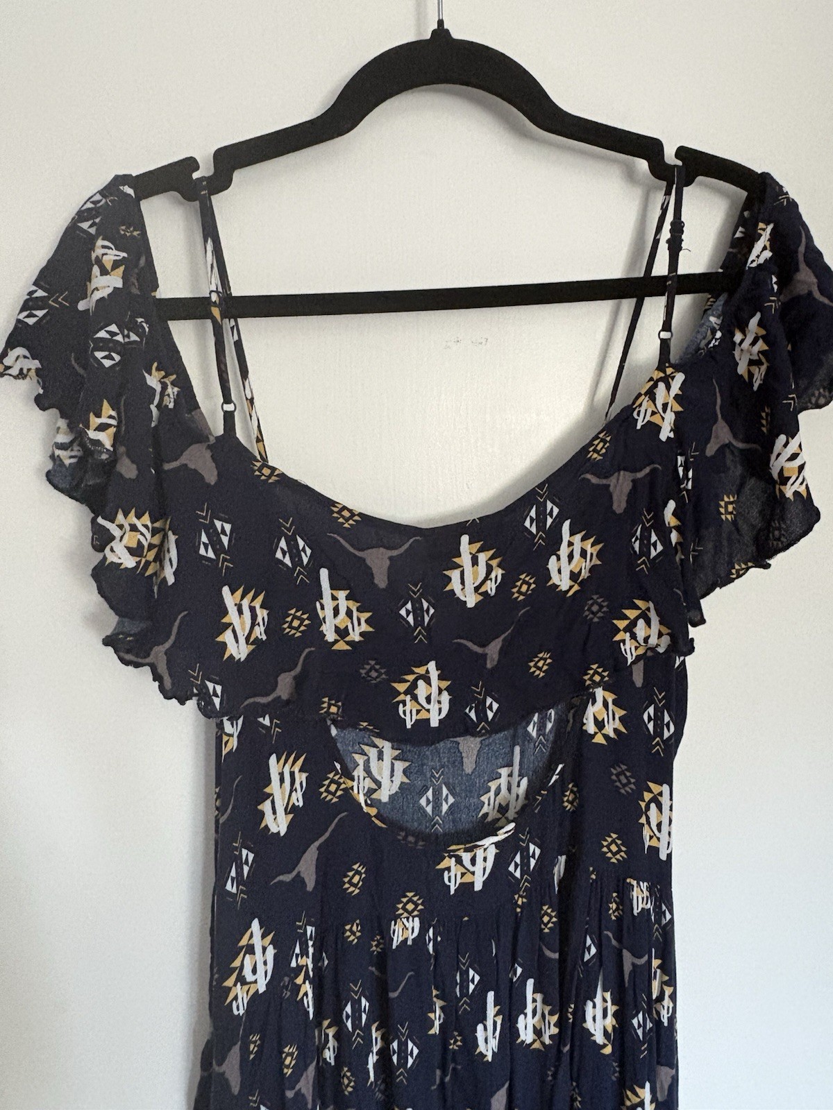 Ariat Western Rodeo Midi Dress Ruffle Hem Peasant Cowgirl Size 12 Blue