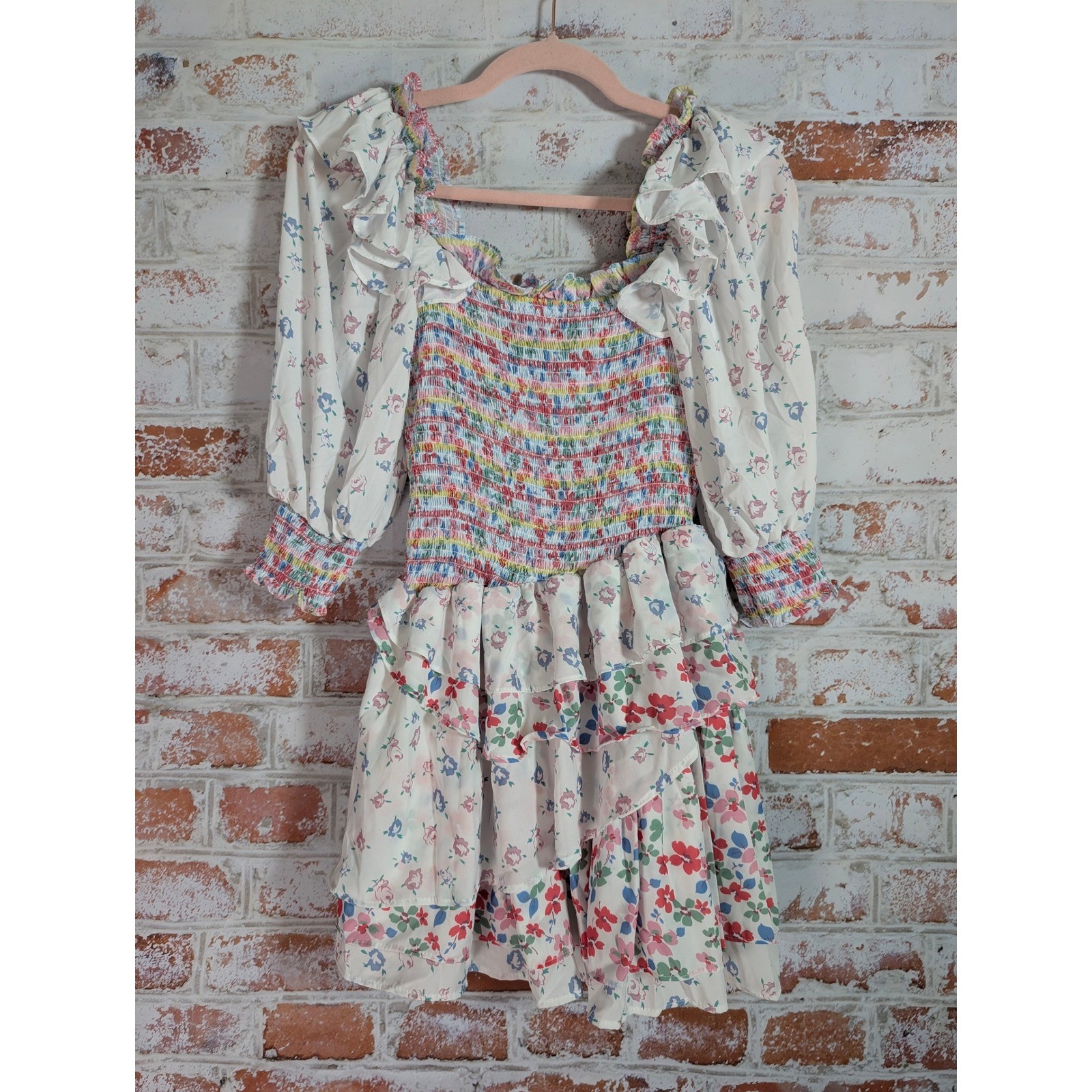 NWT Yvonne & Love Dress Womens Size S White Floral Smocked Mini Ruffle Tiered
