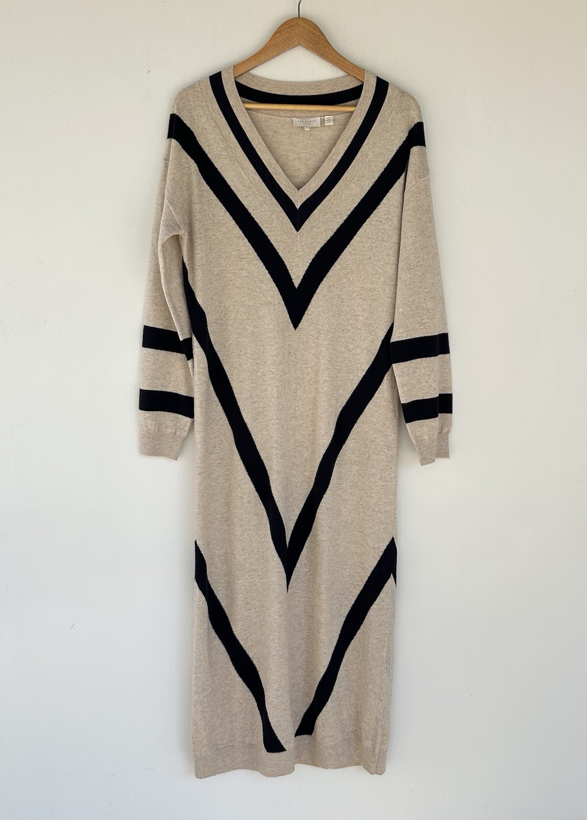 Ted Baker Knit Wool Cashmere Blend Sweater Dress Chevron Tan Navy Women’s Size 3