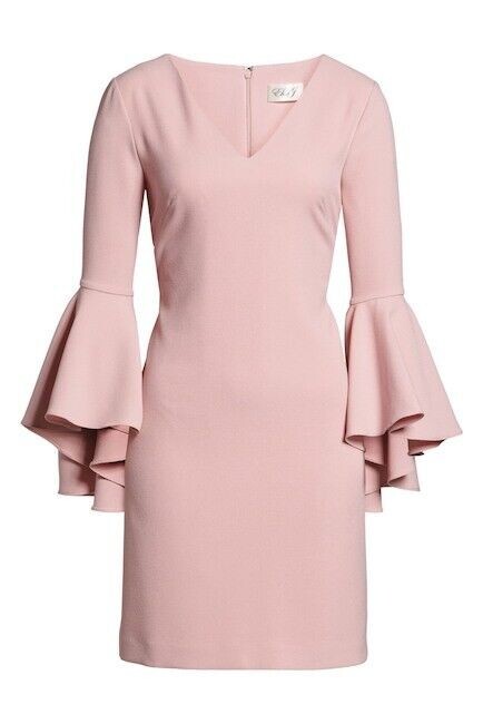 ELIZA J Pink Blush Ruffle V-Neck 3/4 Bell Sleeve Crepe Shift Sheath Dress 10 US