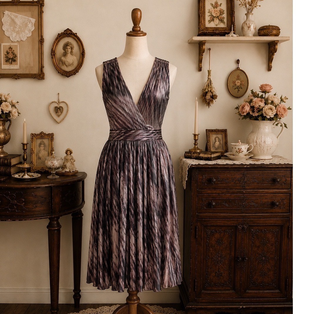 NWT BCBGMAXAZRIA Metallic Pleated Midi Dress Purple Shimmer Cocktail Party XS